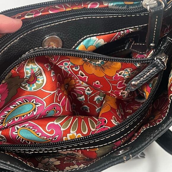 Black Pebbled Genuine Leather Crossbody Bag Many Zippered Pockets Floral Lining - Picture 15 of 16